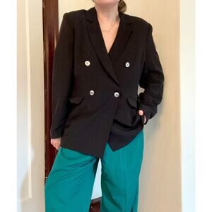 Vintage 100% Silk Black Tailored Double Breasted Blazer- Size 14, XL, Minimalist